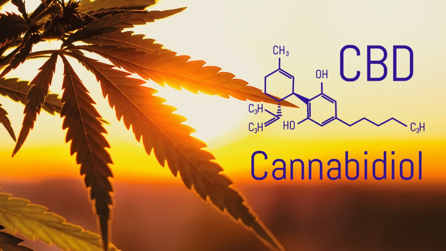 CBD Formel mit Cannabisblatt vor Sonnenuntergang